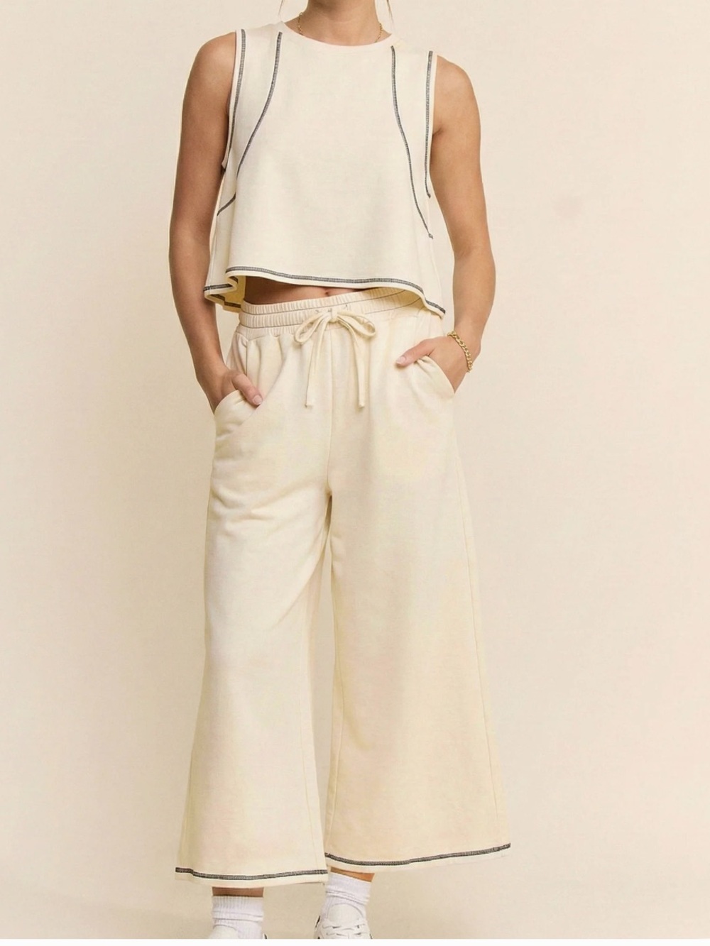 Cream Wide-Leg Drawstring Pants - Effortless Casual and top SET